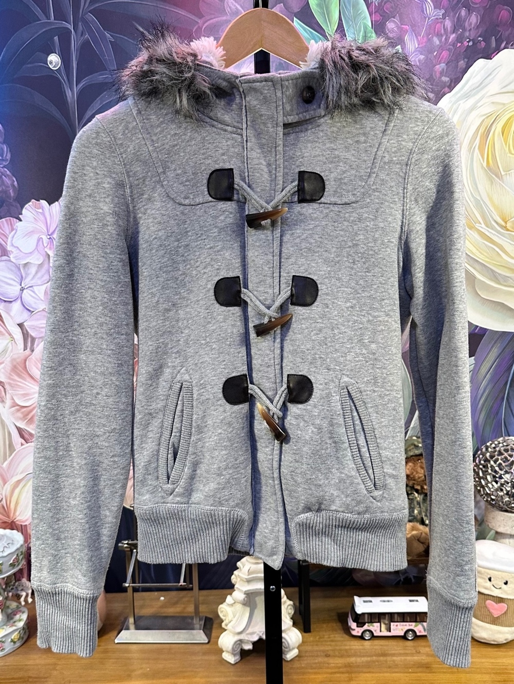 Aeropostale M Zip Detachable Fur Trim Hoodie Y2K Duffle Cabin Preppy Winter Gray